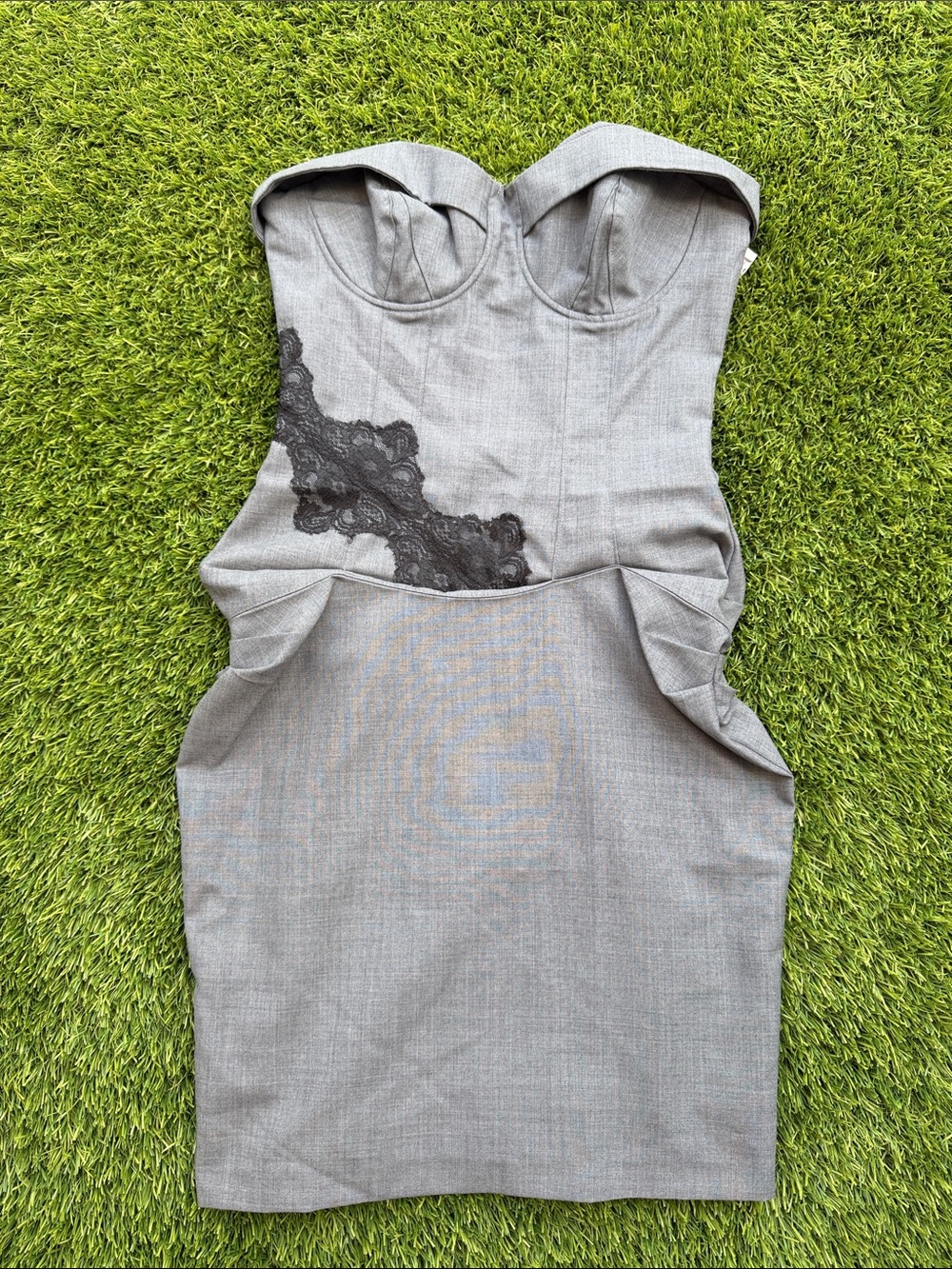 Stella & Jamie Gray Strapless Sheath Dress with Black Lace Accent